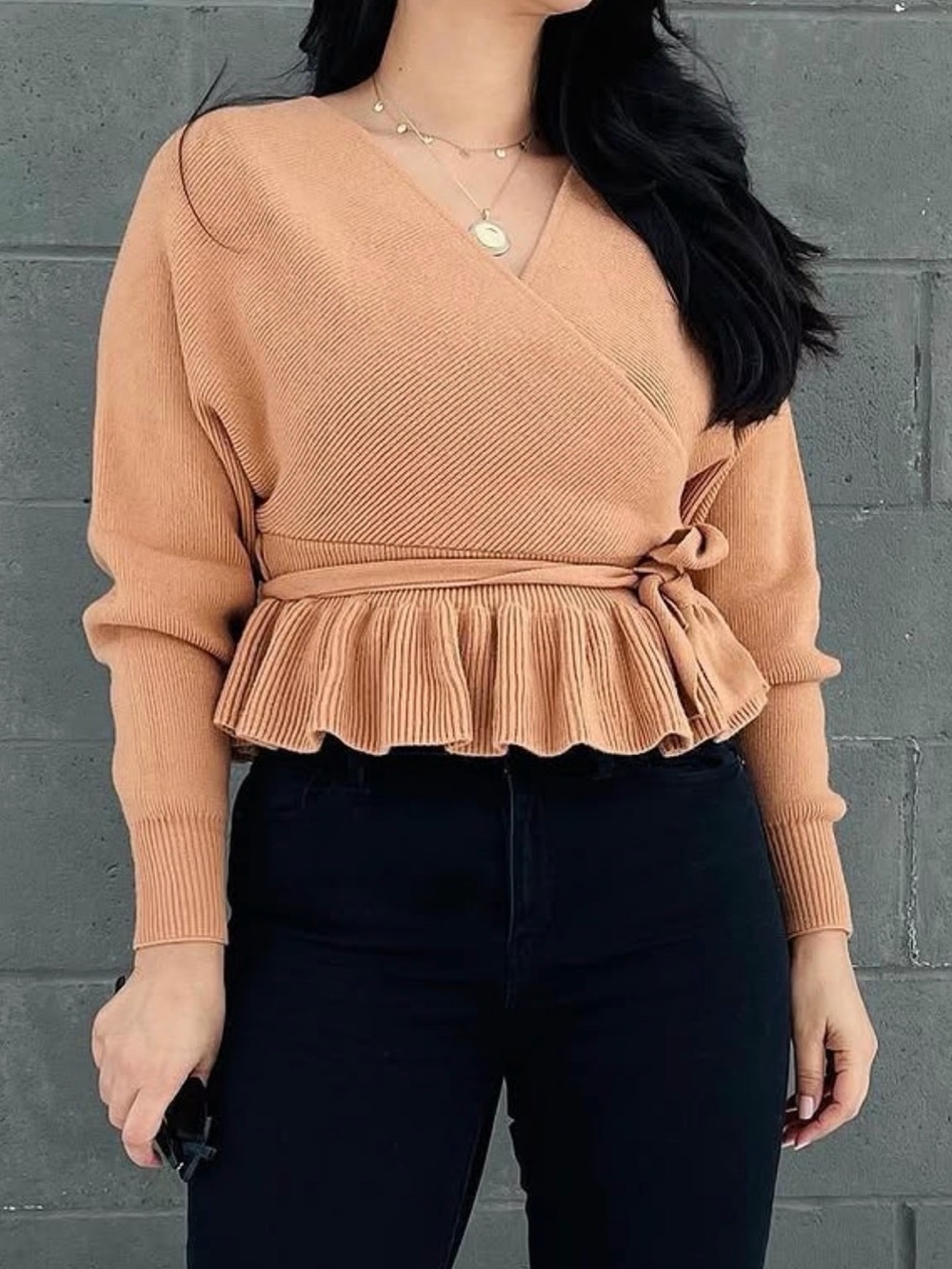 Amazon Women's Peach Wrap Peplum V-Neck Sweater